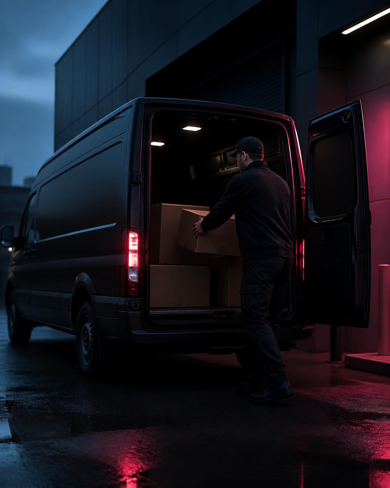Delivery driver loading parcels into a cargo van at a city loading dock