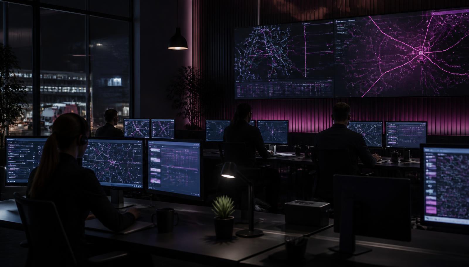 Dispatch operations center with route maps on large screens